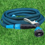 Kerti locsolótömlő, Aquacraft 870030, kék, 1/2", 15–30 m, 6 bar, flexibilis, nyújtható, 7 funkciós szórópisztollyal, csatlakozókkal, PVC belső cső, textilborítás