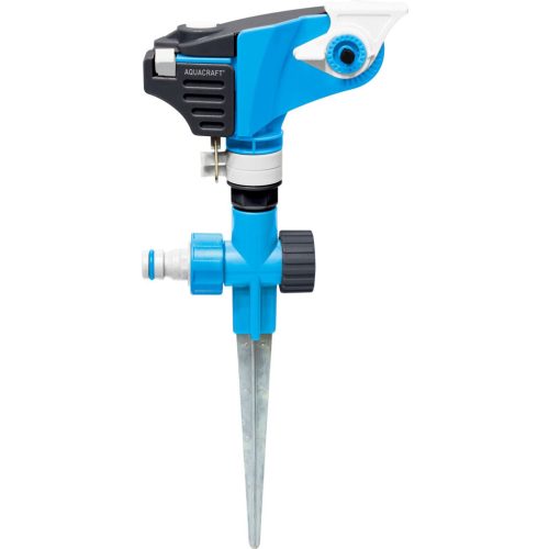 Kerti locsolófej, Aquacraft 260220, kék/fekete, forgó 20-360°, tüskés, állítható szög, gyepbe szúrható rögzítéssel, maximum 450 m2 öntözési terület