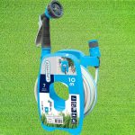 Fali tömlődob, Aquacraft 990490, kék, tömlővel, 3/8", 10 m, 7 funkciós szórópisztollyal, csatlakozókkal, műanyag