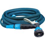 Kerti locsolótömlő, Aquacraft 870020, kék, 1/2", 10–20 m, 6 bar, flexibilis, nyújtható, 7 funkciós szórópisztollyal, csatlakozókkal, PVC belső cső, textilborítás