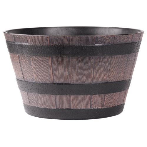 Műanyag virágcserép, Strend Pro Garden Woodeff, sötétbarna, átmérő: 39 cm, magasság: 23 cm, hordó formájú, 18,5 l, fahatású, kerek