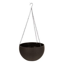   Függő virágcserép, Strend Pro Garden Modern, barna, átmérő: 26 cm, magasság: 16 cm, lánccal és akasztóval, rattan hatású, kerek