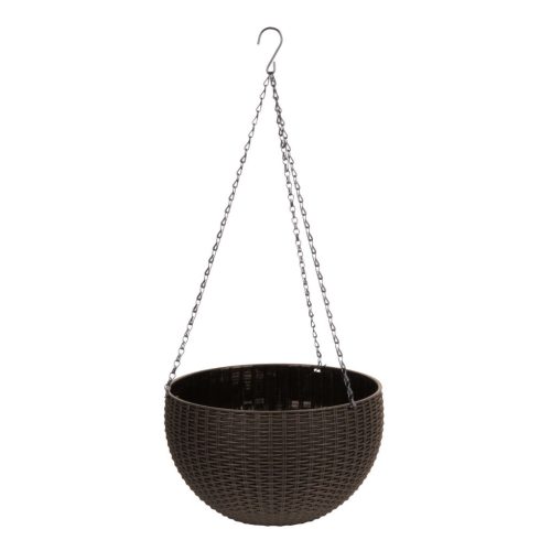 Függő virágcserép, Strend Pro Garden Modern, barna, átmérő: 26 cm, magasság: 16 cm, lánccal és akasztóval, rattan hatású, kerek