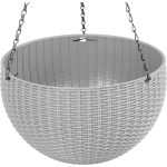 Függő virágcserép, Strend Pro Garden Modern, sötétszürke, átmérő: 26 cm, magasság: 16 cm, lánccal és akasztóval, rattan hatású, kerek