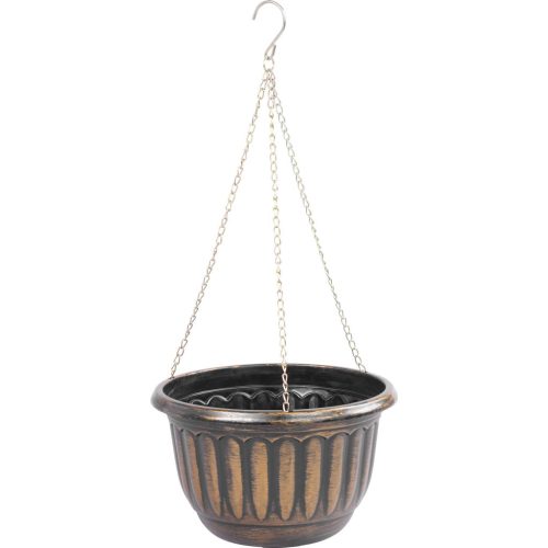 Függő virágcserép, Strend Pro Garden, arany/fekete, átmérő: 24,5 cm, magasság: 15 cm, lánccal és akasztóval, műanyag, antikolt, kerek