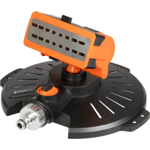 Kerti locsolófej, Strend Pro Garden BJ4615, fekete/narancssárga, oszcilláló, 16 fúvóka, 180°-ig állítható, maximum 4 bar, 216 m2 öntözési terület