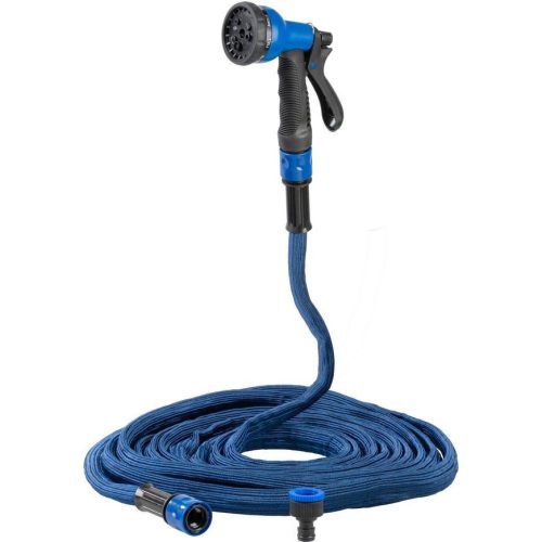 Kerti locsolótömlő, Strend Pro Garden,Flexi, kék, 1/2" - 3/4", 14,6–30 m, 20 bar, flexibilis, nyújtható, szórópisztollyal, latex belső cső, textilborítás, önnyúló-összehúzódó technológia