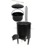 Bogrács szett, Strend Pro, 14 literes, disznótoros-gulyásfőző, zománcozott, háromlábú katlannal, rozsdamentes acél kéménnyel, merőkanállal