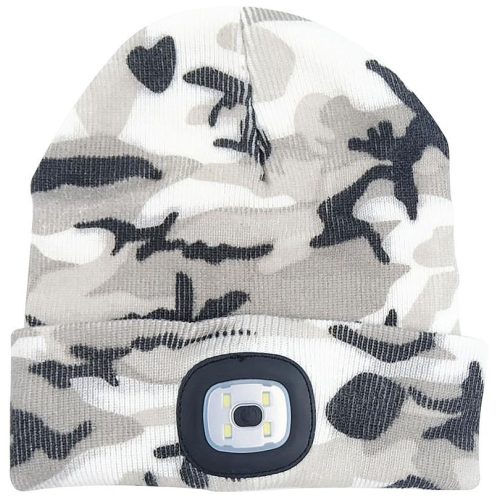 Sapka fejlámpával, Strend Pro Albacore, L méret, szürke terepmintás, 4x SMD LED, 60 lm, USB-töltés, akkumulátoros, 3 fokozatú fényerő, mosható