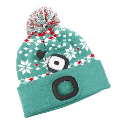 Sapka fejlámpával, Strend Pro, karácsonyi, L méret, zöld, 4x SMD LED, 60 lm, USB-töltés, akkumulátoros, bojtos, mosható