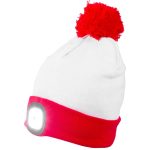 Sapka fejlámpával, Strend Pro, karácsonyi, L méret, fehér/piros, 4x SMD LED, 60 lm, USB töltés, akkumulátoros, 3 fokozatú fényerő, bojtos, mosható