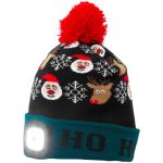 Sapka fejlámpával, Strend Pro, karácsonyi, L méret, fekete/zöld, 4x SMD LED, 60 lm, USB töltés, akkumulátoros, 3 fokozatú fényerő, bojtos, mosható