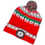 Sapka fejlámpával, Strend Pro, karácsonyi, L méret, piros/zöld, 4x SMD LED, 60 lm, USB töltés, akkumulátoros, 3 fokozatú fényerő, bojtos, mosható