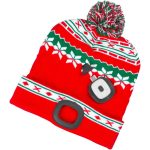 Sapka fejlámpával, Strend Pro, karácsonyi, L méret, piros/zöld, 4x SMD LED, 60 lm, USB töltés, akkumulátoros, 3 fokozatú fényerő, bojtos, mosható