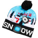 Sapka fejlámpával, Strend Pro, karácsonyi, L méret, kék, 4x SMD LED, 60 lm, USB töltés, akkumulátoros, 3 fokozatú fényerő, bojtos, mosható