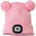 Sapka fejlámpával, Strend Pro, M méret, gyerek, rózsaszín, 4x SMD LED, USB töltés, akkumulátoros, 3 fokozatú fényerő, 2 bojtos, mosható