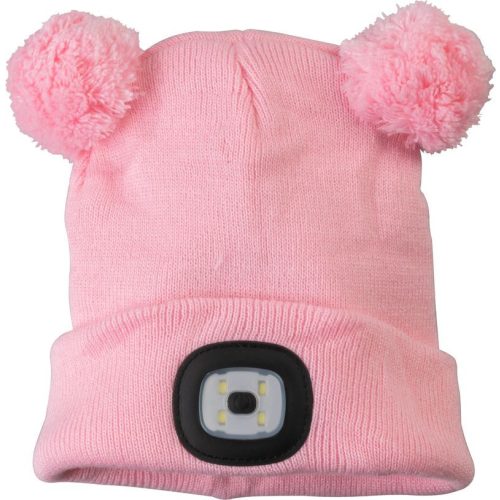 Sapka fejlámpával, Strend Pro, M méret, gyerek, rózsaszín, 4x SMD LED, USB töltés, akkumulátoros, 3 fokozatú fényerő, 2 bojtos, mosható