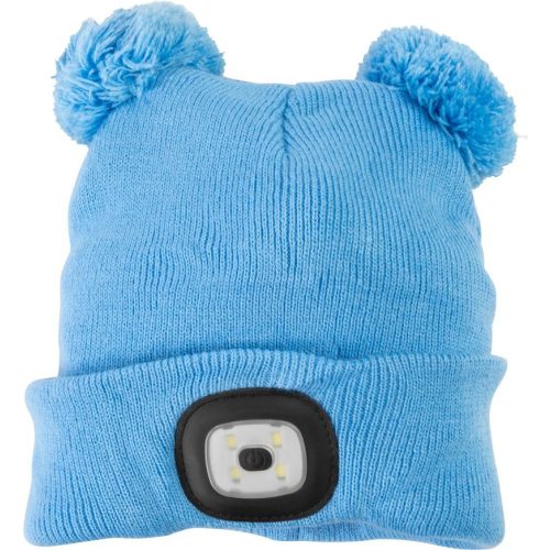 Sapka fejlámpával, Strend Pro, M méret, gyerek, kék, 4x SMD LED, USB töltés, akkumulátoros, 3 fokozatú fényerő, 2 bojtos, mosható