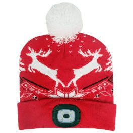   Sapka fejlámpával, Strend Pro, karácsonyi, L méret, piros, rénszarvas mintával, 4x SMD LED, USB töltés, akkumulátoros, 3 fokozatú fényerő, bojtos, mosható