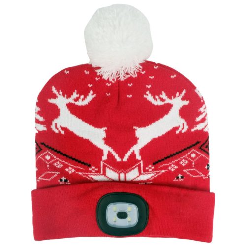 Sapka fejlámpával, Strend Pro, karácsonyi, L méret, piros, rénszarvas mintával, 4x SMD LED, USB töltés, akkumulátoros, 3 fokozatú fényerő, bojtos, mosható
