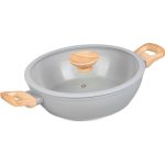 Lábas, MagicHome Harmony, 26 cm, 2,8 l, világosszürke, lapos, üvegfedővel, kerámia, tapadásmentes, indukciós alj, fa hatású fogantyúkkal