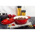 Lábas, MagicHome Castora Line, 30 cm, 4,4 l, piros, fedővel, zománcozott öntöttvas, sütőben használható, indukciós kompatibilis