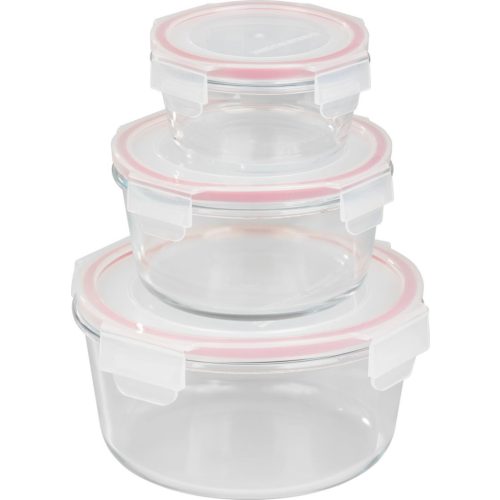 Tárolódoboz szett, MagicHome, átlátszó, 3 db, 370/800/1500 ml, kerek, fedéllel, boroszilikát üveg, mosogatógépben mosható, mikró- és sütőálló