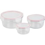 Tárolódoboz szett, MagicHome, átlátszó, 3 db, 370/800/1500 ml, kerek, fedéllel, boroszilikát üveg, mosogatógépben mosható, mikró- és sütőálló