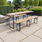 Strend Pro Dortmund Medium3 sörpad szett, 200 x 50 x 77 cm, barna, összecsukható fém lábakkal, lakkozott fa felülettel, kültéri használatra