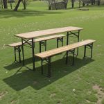 Strend Pro Dortmund Medium3 sörpad szett, 200 x 50 x 77 cm, barna, összecsukható fém lábakkal, lakkozott fa felülettel, kültéri használatra