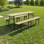 Strend Pro Dortmund Medium3 sörpad szett, 200 x 50 x 77 cm, barna, összecsukható fém lábakkal, lakkozott fa felülettel, kültéri használatra