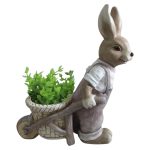 Kerti dekoráció, MagicHome Gecco, nyuszi talicskával, barna, 42 x 19 x 49 cm, magnézia, egyben virágtartó is