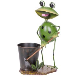   Kerti dekoráció, MagicHome Mecco, kertész béka, zöld, 23 x 16 x 33 cm, fém, egyben virágtartó is