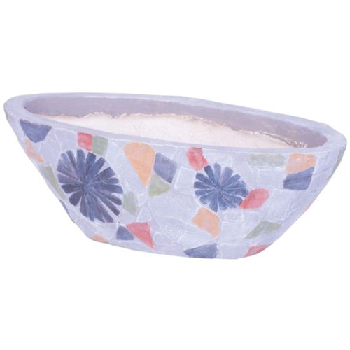 Kerámia virágcserép, MagicHome, szürke, mozaikkal díszített, 40,5 x 19 cm, magasság: 14 cm, kézzel kirakott minták, ovális