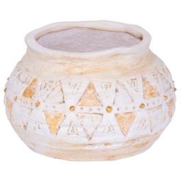   Kerámia virágcserép, MagicHome, világosbarna, aranyszínű mozaikkal díszített, átmérő: 36 cm, magasság: 23 cm, kézzel kirakott minták, kerek