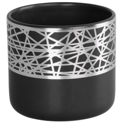 Kerámia virágcserép, MagicHome, fekete, ezüst díszítéssel, átmérő: 16,8 cm, magasság: 14,7 cm, kerek