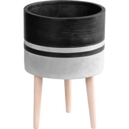   Kerámia virágcserép, MagicHome, világosszürke/sötétszürke, átmérő: 22 cm, magasság: 31 cm, fa lábakkal, hengeres, kerek