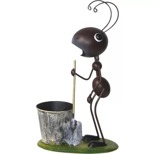 Kerti dekoráció, MagicHome Mecco, hangya ásóval, barna, 25 x 14 x 44 cm, fém, egyben virágtartó is