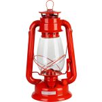 Petróleumlámpa, 30 cm, piros, fém és üveg, retro stílus, kanócos, beltéri és kültéri használatra