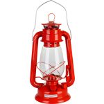 Petróleumlámpa, 30 cm, piros, fém és üveg, retro stílus, kanócos, beltéri és kültéri használatra