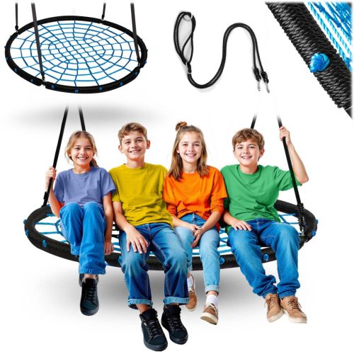 Fészekhinta, Neo-Sport NS-104, fekete/kék, átmérő: 120 cm, vízálló, állítható kötélmagasság: 90-160 cm, acél váz, poliészter pókhálókötél, teherbírás: 150 kg, kerek