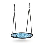Fészekhinta, Neo-Sport NS-104, fekete/kék, átmérő: 120 cm, vízálló, állítható kötélmagasság: 90-160 cm, acél váz, poliészter pókhálókötél, teherbírás: 150 kg, kerek