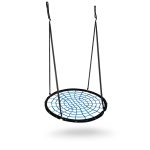 Fészekhinta, Neo-Sport NS-104, fekete/kék, átmérő: 120 cm, vízálló, állítható kötélmagasság: 90-160 cm, acél váz, poliészter pókhálókötél, teherbírás: 150 kg, kerek