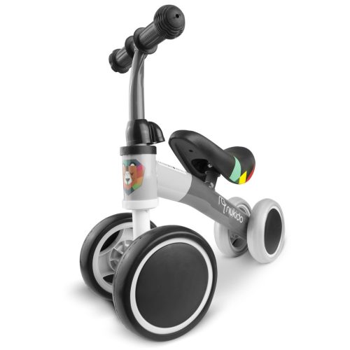 Négykerekű futóbicikli, Nukido NK-600, szürke, EVA habkerekek 14 cm, acél váz, ülésmagasság: 27 cm, puha ülés, gumírozott markolat