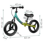 Kétkerekű futóbicikli, Ricokids Fun Adventure, zöld, acél váz, EVA hab kerekek 29 cm, állítható ülésmagasság 32–42 cm, hátsó fék, ultrakönnyű