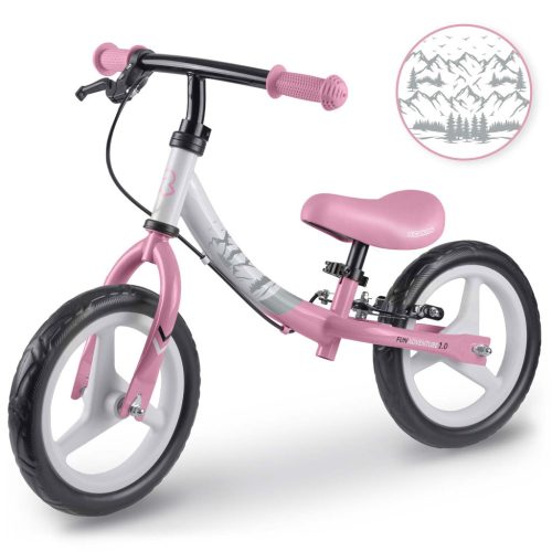 Kétkerekű futóbicikli, Ricokids Fun Adventure, pink, acél váz, EVA hab kerekek 29 cm, állítható ülésmagasság 32–42 cm, hátsó fék, ultrakönnyű