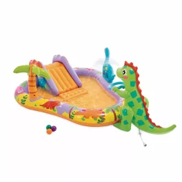   Felfújható vízi játék, Intex Dino Park, 201 × 157 × 69 cm, zöld, dinoszaurusz mintás, csúszdával, labdákkal, locsolótömlőre csatlakoztatható zuhannyal (56139)