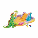 Felfújható vízi játék, Intex Dino Park, 201 × 157 × 69 cm, zöld, dinoszaurusz mintás, csúszdával, labdákkal, locsolótömlőre csatlakoztatható zuhannyal (56139)