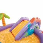 Felfújható vízi játék, Intex Dino Park, 201 × 157 × 69 cm, zöld, dinoszaurusz mintás, csúszdával, labdákkal, locsolótömlőre csatlakoztatható zuhannyal (56139)