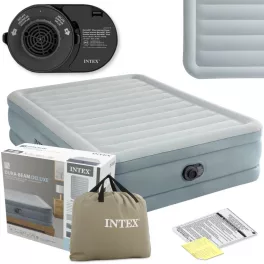   Felfújható vendégágy, Intex Queen Prémium Comfort, 203 x 152 x 46 cm, szarufa mintás, kétszemélyes, megerősített szálas belső szerkezet, beépített elektromos pumpával, fejtámlával, 272 kg teherbírással (64824)